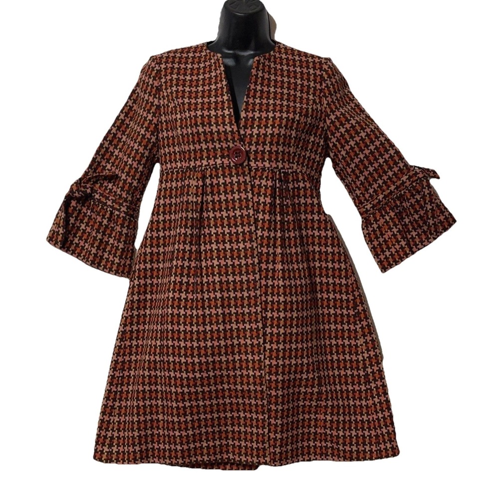 Beth Bowley Pea Coat‎ Houndstooth Tweed Classic Old Money Womens Size 2 Small